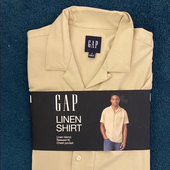 Gap Men's Size Small Linen Dress Shirt Short Sleeve Button-Up Khaki Relaxed - Picture 9 of 12